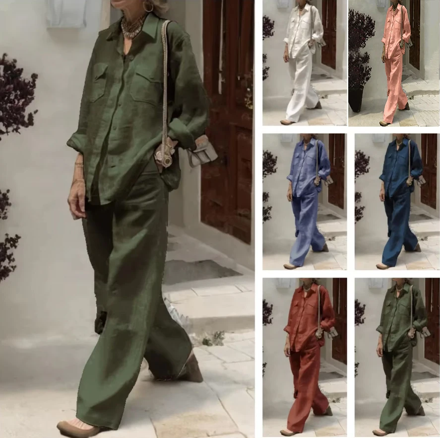 

Spring Autumn Cotton Linen Long Sleeved shirt + Long Pants Two-piece Set Women Casual V-neck Shirt Drawstring Wide leg Pant Suit