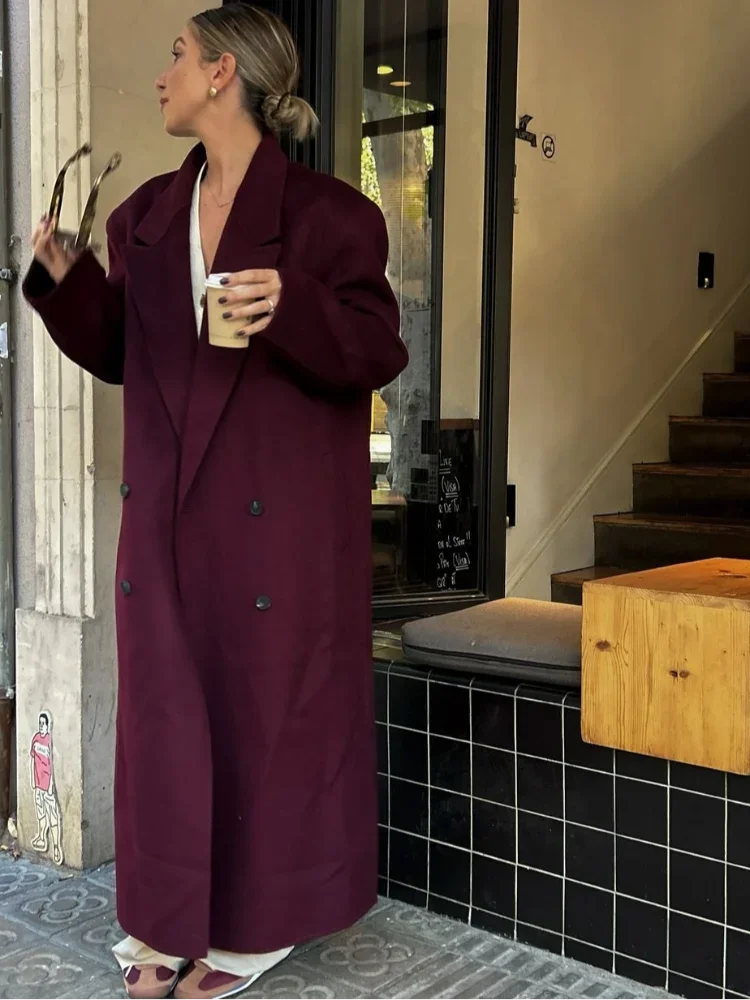 2024 New Burgundy Red Long Coat Women Lapel Double Breasted Pocket Oversized Overcoat Casual Solid Female Coats Office Outerwear