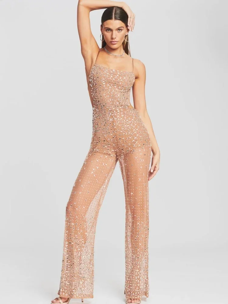 Sexy Straps Perspective Mesh Crystal Diamond jumpsuit Women Apricot Sleeveless Backless Shiny Rhinestone Jumpsuits Party Club