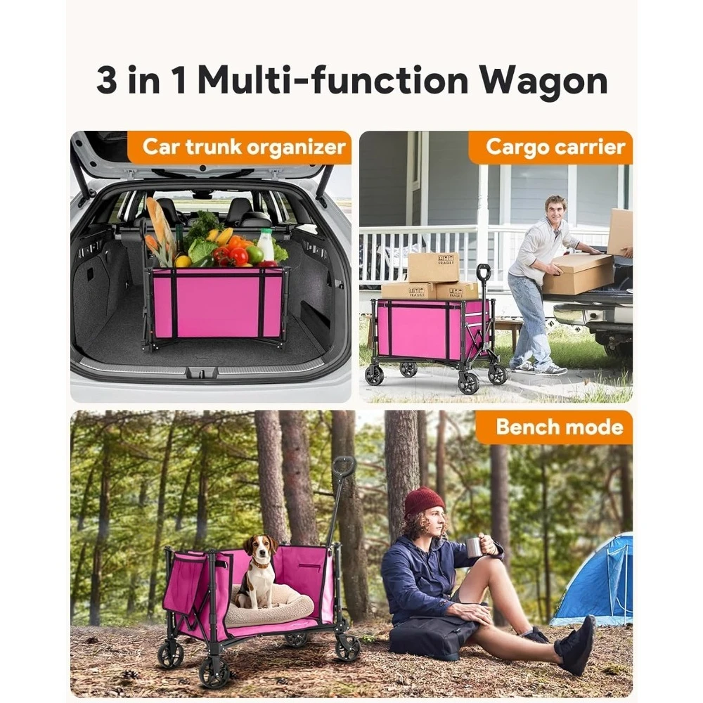 

Складная тележка-трансформер 3-в-1 с сиденьем, 120 л, на колесах, для пляжа, кемпинга, покупок, розовая