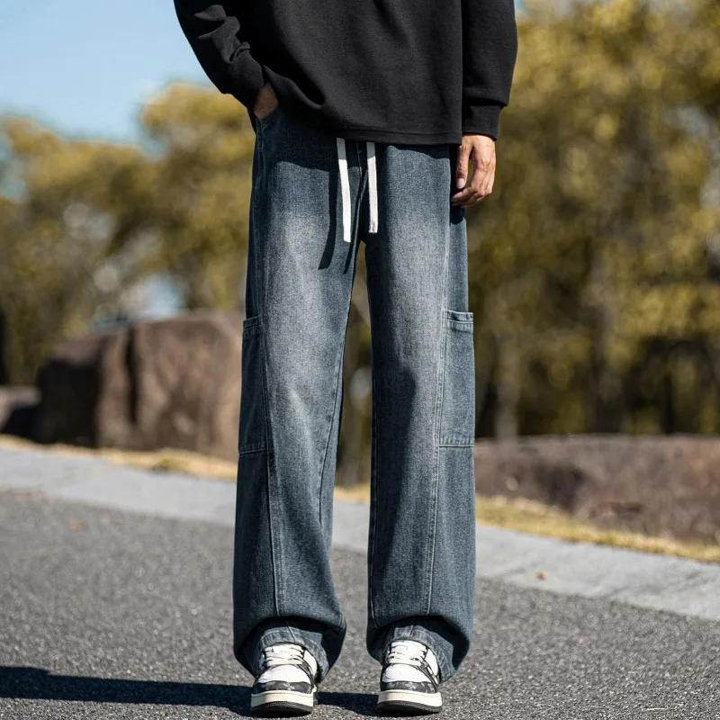 

Новые мужские осенние свободные джинсы-карго, уличные десантники, прямые байкерские джинсы, модные эластичные широкие джинсовые брюки, большой размер