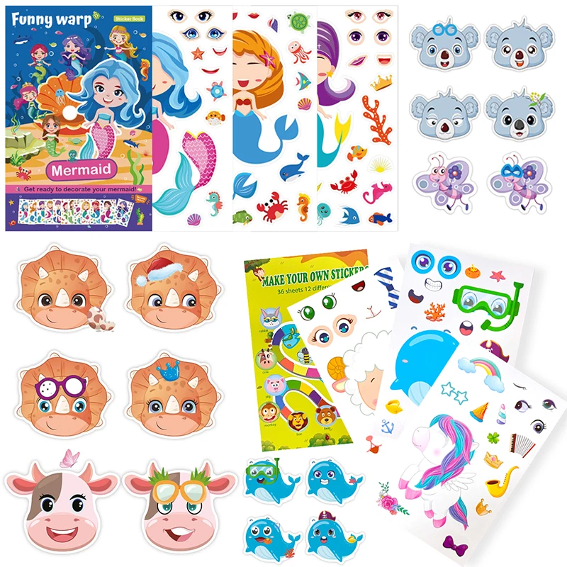 24Sheet/Set Cartoon Animal Face Assemble Jigsaw Sticker Adhesive Changeable Face Animal Mermaid Reward Sticker Gift Boy Girl ZYF