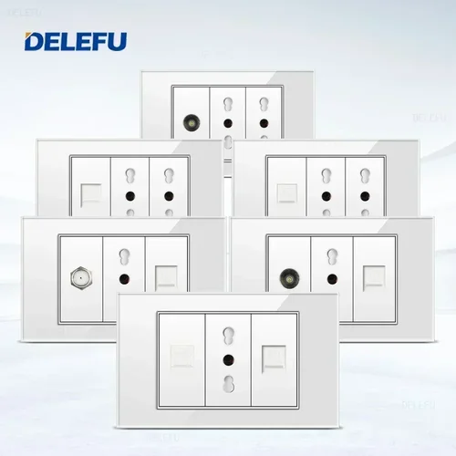DELEFU Panel de vidrio blanco estándar italiano 118*74mm TEL CAT5E CAT6 TV toma de pared satelital