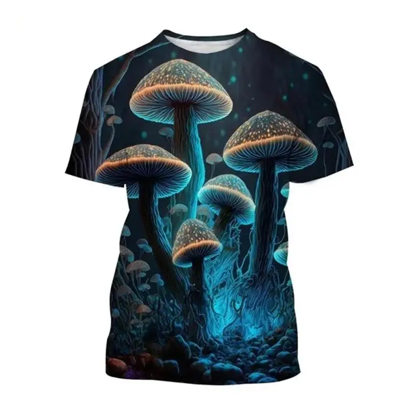 Men Psychedelic Mushroom T‑Shirt Trippy Fantasy Forest Full‑Print Short Sleeve Crew Neck Hippie Tee Tops