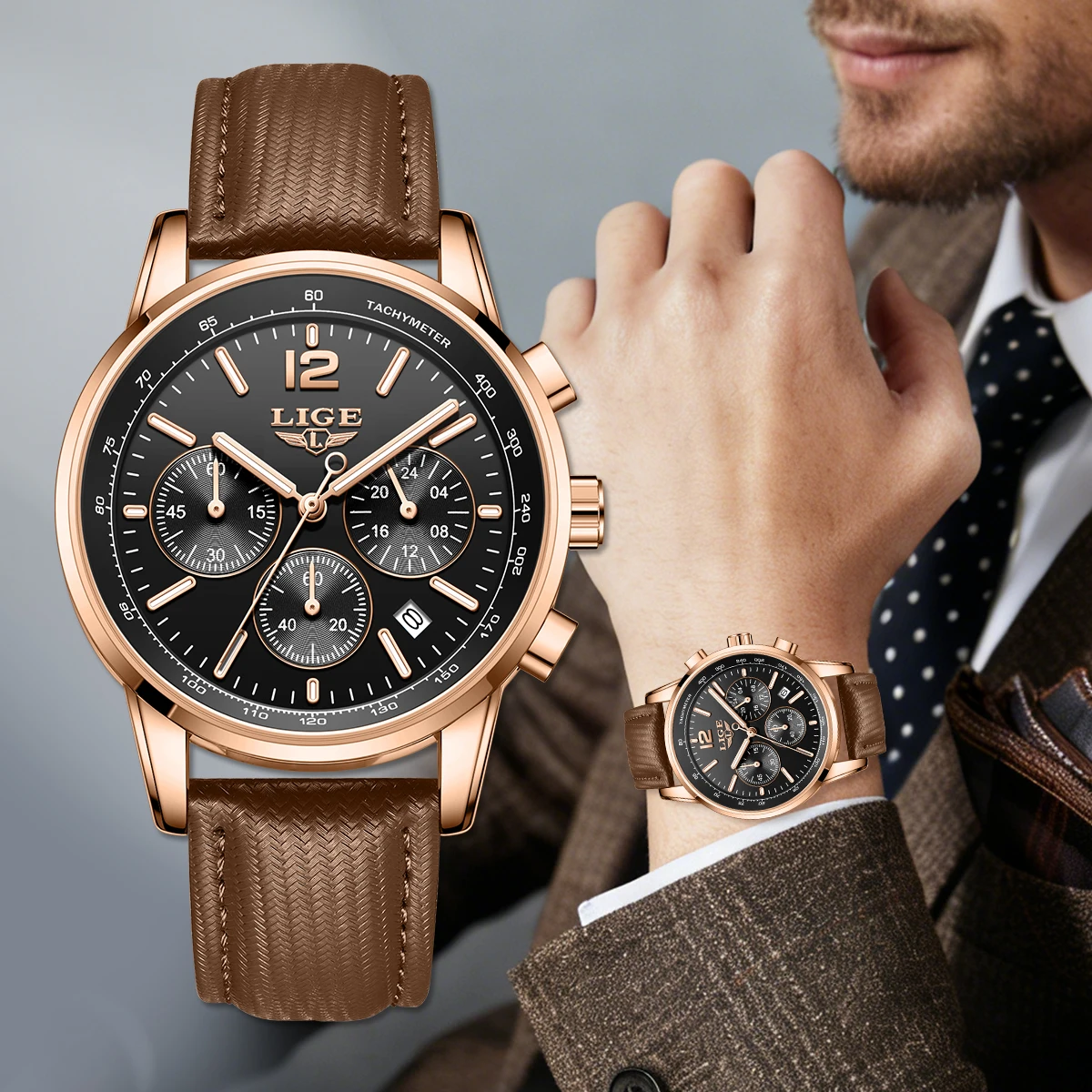 LIGE Luxury Fashion Men's Watches Casual Quartz Wristwatches 30M Waterproof Luminous Chronograph Watch for Man with Gift Box