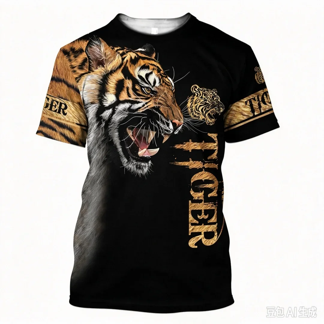 Trendy Men's Ink Roaring Tiger 3D Print T-Shirt Tribal Tattoo Animal Graphic Short Sleeve Crew Neck Tee Streetwear Tops for Men