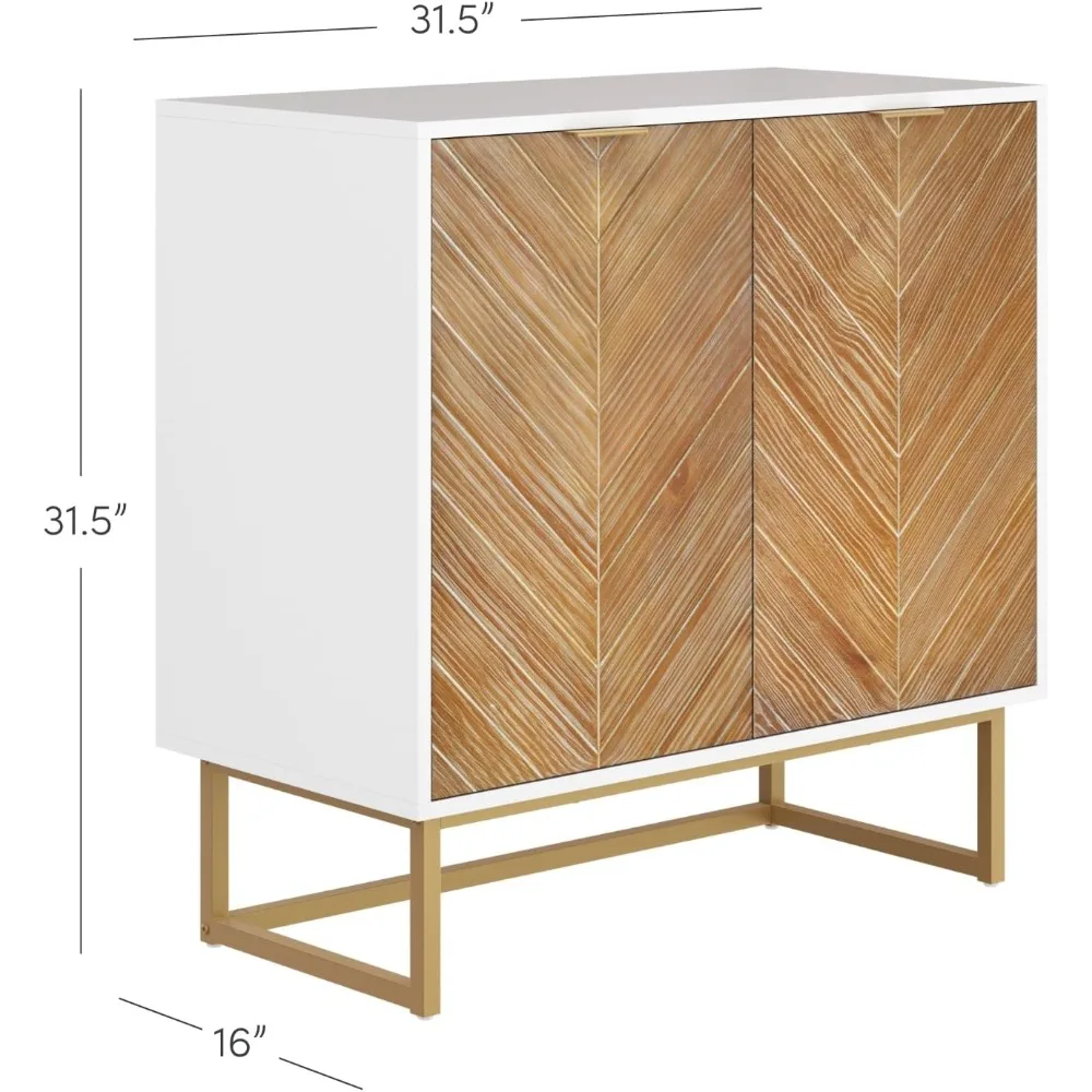 Modern Storage Free Standing Accent Cabinet White with Doors in a Rustic Pine Wood Finish and Gold Powder-coated Metal Base