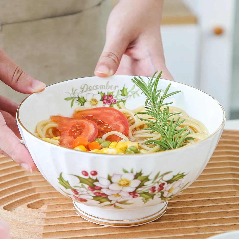 

European Vintage Month Flower Phnom Penh Noodle Bowls, Rice Bowls, Service Bowls, Ceramic Salad Bowl, Porcelain Soup Bowls