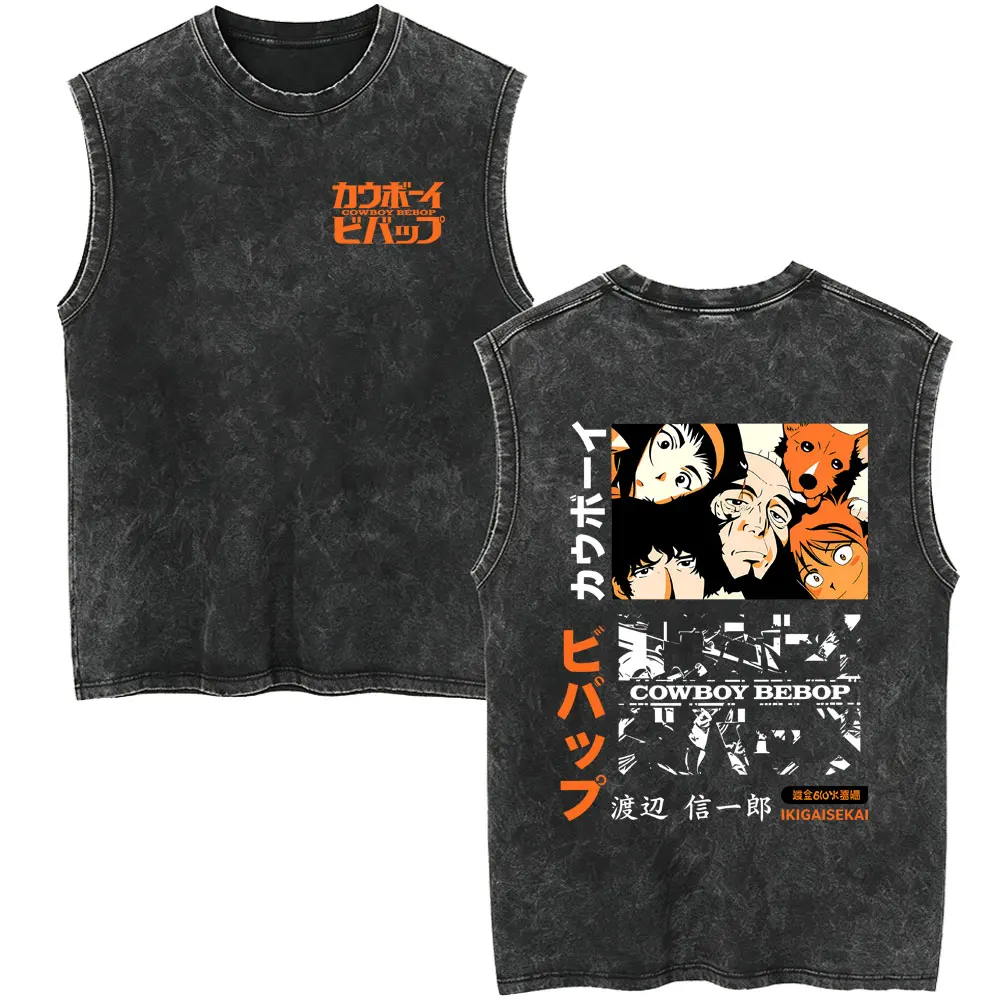 Anime Cowboy Bebop Vintage Washed Tank Tops Spike Spiegel Faye Valentine Sleeveless Vest Men Women Manga Oversized Streetwear