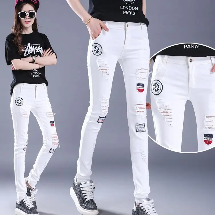 Designer Thin White Ripped Women's Summer Autumn Trousers Slim Student Pencil Pants Tight Elastic lady Bootcut Jeans for women