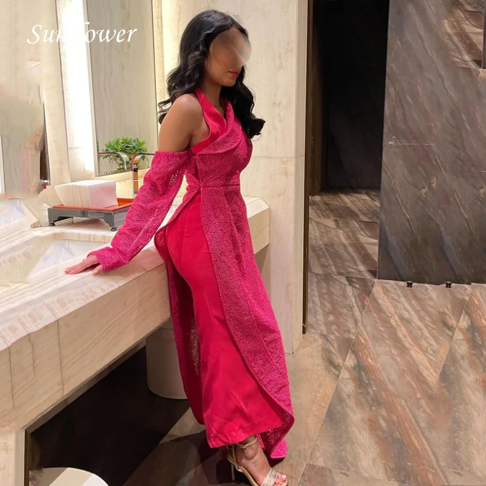 Sunflower Halter Prom Gowns Three Quarter Sleeve Mermaid Evening Dress Slim Ankle-Length Party Dress 2023 High-end Custom