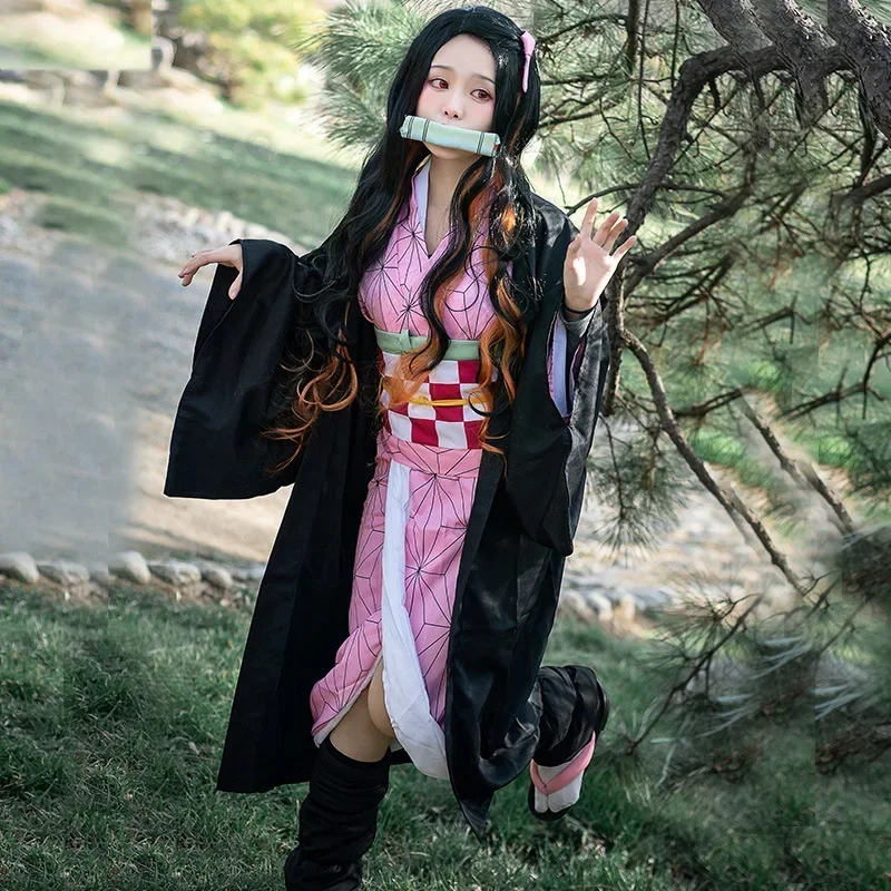 Kamado nezuko ชุดคอสเพลย์ผู้หญิงอนิเมะปีศาจชุดกิโมโน kimetsu NO yaiba kamado nezuko ชุดเครื่องแบบวิกเด็กผู้หญิงฮัลวี