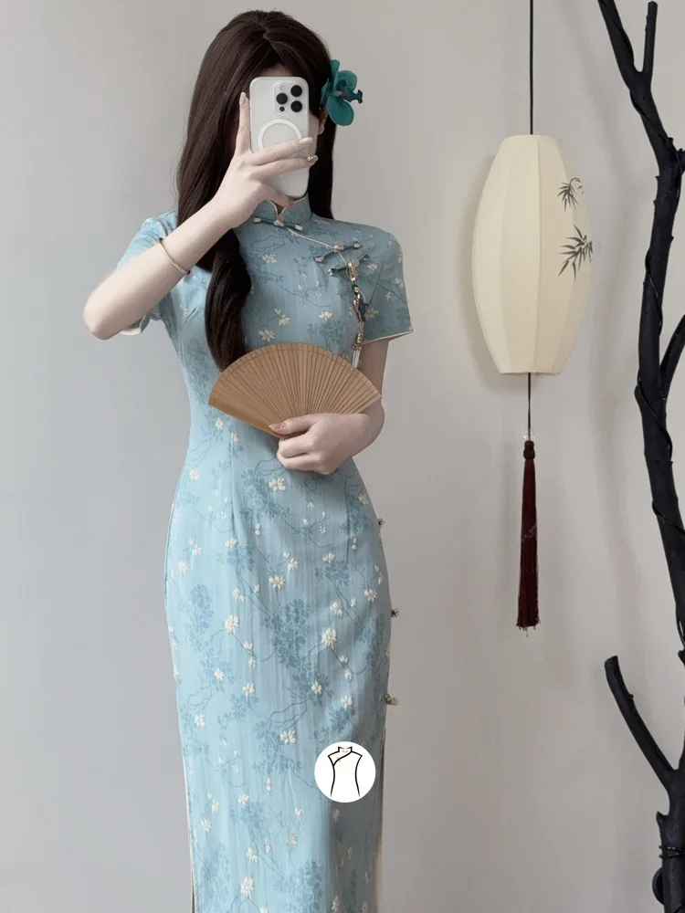 

Blue Floral Print Qipao Young Sle Refreing White Slimming for Young Girls Traditional Chinese Design Breathable Summer Lo...