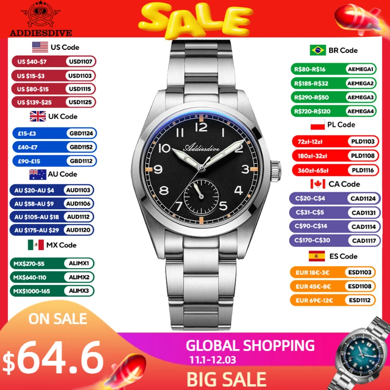ADDIESDIVE 36mm Luxury Men's Quartz Watch K1 Bubble Mirror Super Luminous 100m Waterproof Wristwatch Classic Man Watches