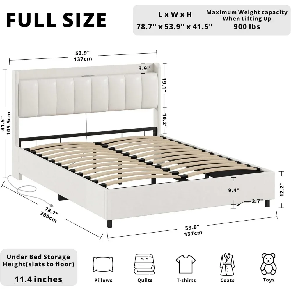 Lift Up Storage Bed with Power Outlets, Full/Queen Size Bed Frame, Wooden Slat Support/No Box Spring Needed,White