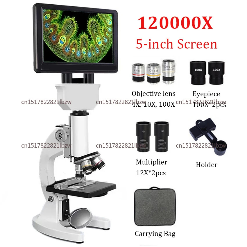 120000X Biological Microscope Digital Laboratory Compound Microscope with 5-inch LCD Screen 100X Eyepieces