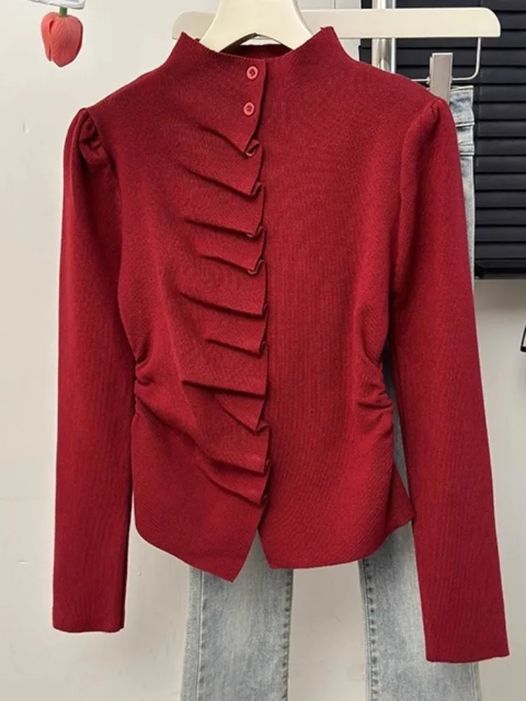 New Pleated Design Chic Tunic Shirts Knitted Sweater Blouse Full Sleeve Turtleneck Winter Basic Warm Clothes Elegant Office Lady