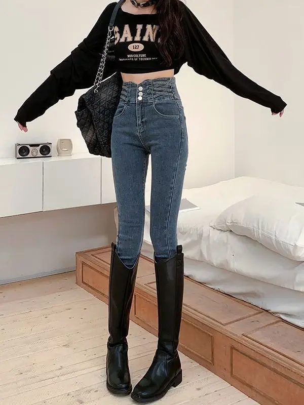 

Утягивающие джинсы с высокой талией, женские весенне-осенние корейские облегающие брюки-карандаш, узкие длинные брюки на пуговицах