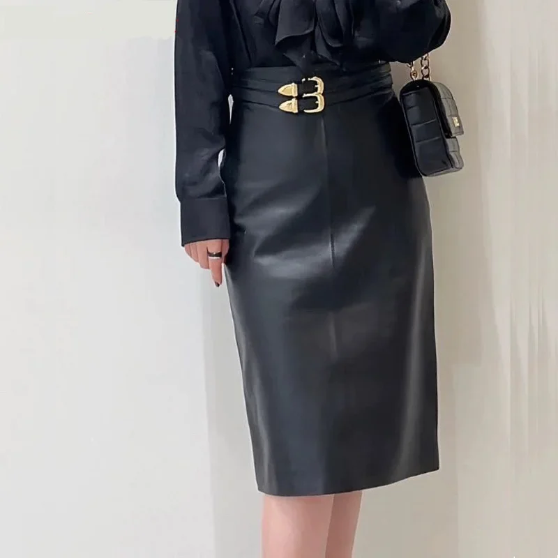 

2025 Vintage Trend Golden Metal Double Belt Genuine Leather Skirt For Women Slim Fit Wrap One Step Jupe OL Slit Black Mid Skirt