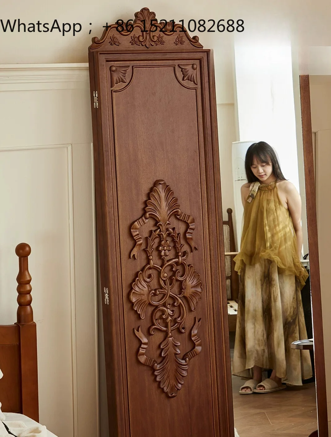 SCY solid wood household floor mirror bedroom fitting mirror hidden full-length mirror folding and rotating