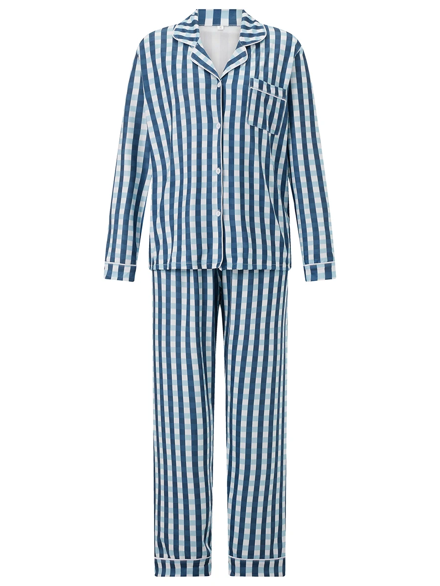 Women Plaid Pajama Set Long Sleeve Button-down Top with Pants Loose Sleepwear Loungewear