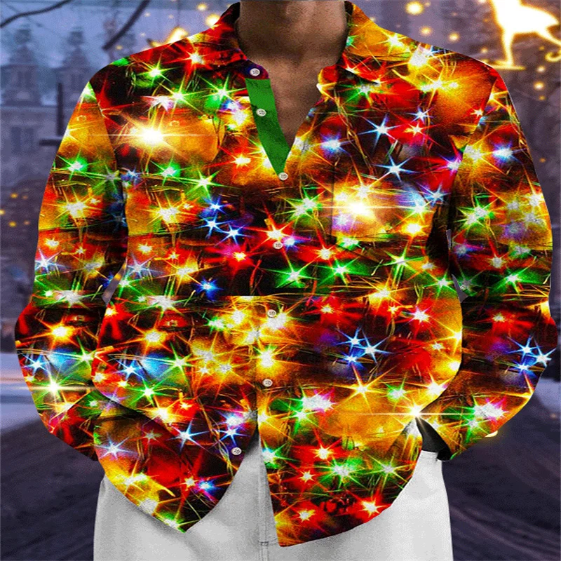 

2026 Christmas Gold Neon Men's Long Sleeve Stretch Party Dress Shirt with Buttons, Colorful Starlight 3D Print, European & Ameri