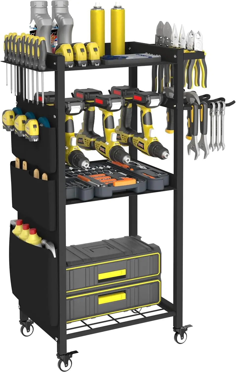 

4-Tier Rolling Power Tool Organizer Cart with Drill Rack, Heavy-Duty Garage Storage on Wheels for Workbench and Outdoors