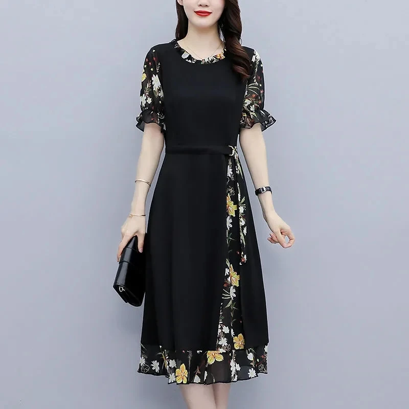 2024 Empire Patchwork Mid-Calf Pullover Womens Clothing O-Neck Office Lady Summer Dignified Dresses Woman New Korean Popularity