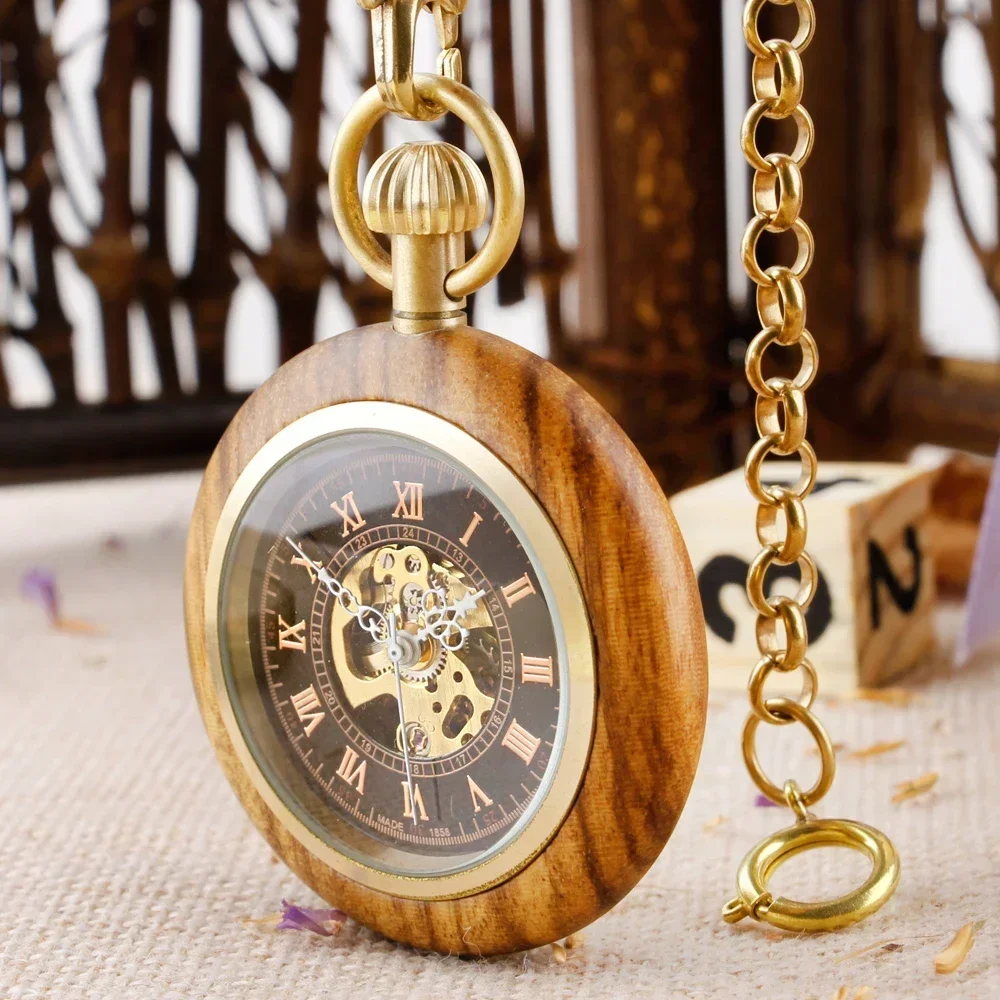 Orologio da tasca meccanico vintage in legno per uomo donna Orologio da tasca automatico a carica automatica Orologio di lusso regalo con catena da 30 cm