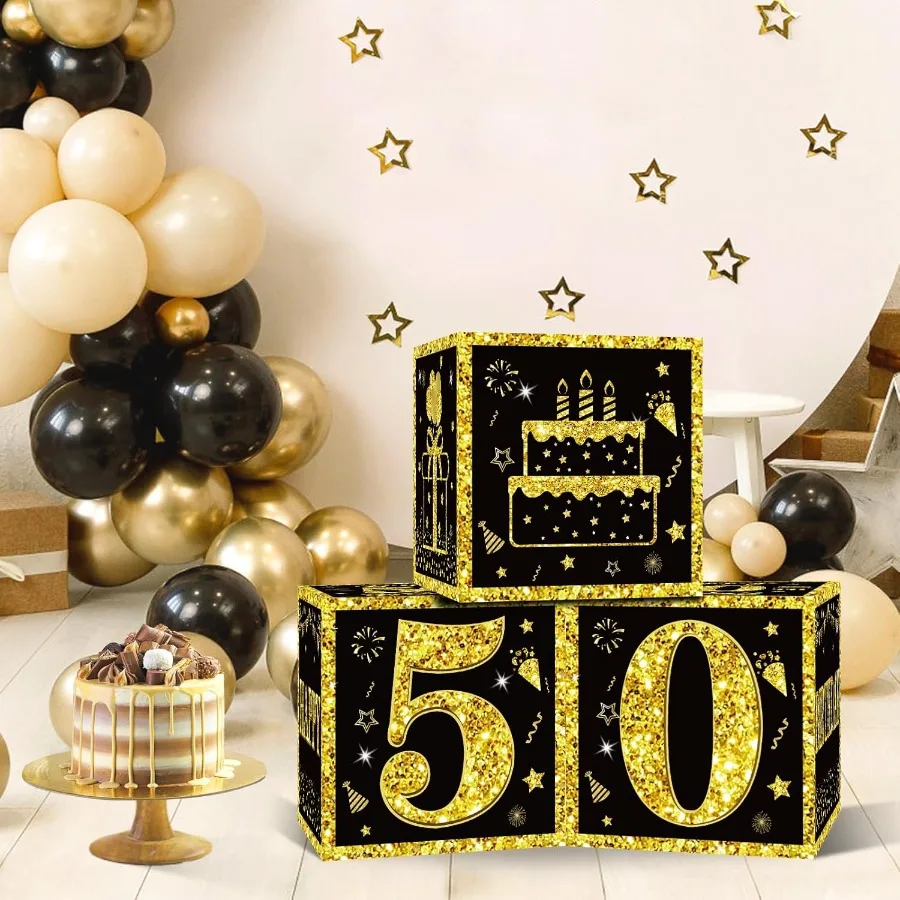 3 pçs 50th aniversário decorações caixas para homens mulheres preto ouro feliz 50 aniversário balões caixas fontes de festa 50 anos de idade bday