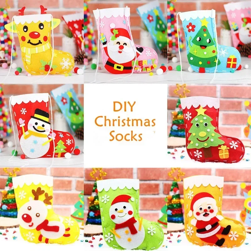 2024 New DIY Christmas Decoration Handicraft Craft Toys Socks Hat Handbag Kindergarten Handmade Materials Kits Kids Gifts