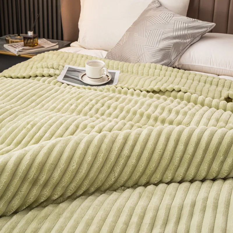 New Upgraded Thick Flannel Rabbit Fur Nap Blanket with Thick Striped Magic Fur Imitation Rabbit Fur Blanket Sofa Throw Blanket