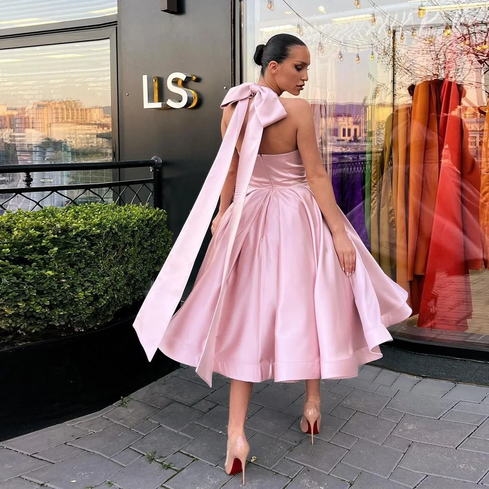 

Pink Prom Dress 2024 Halter Neck Tea Length A-Line Satin Simple Evening Party Gowns Formal Dresses Robe De Soiree Customized