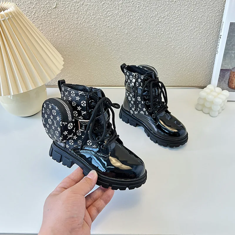 Kids'Boots Solid Color PU Leather Fashion Autumn Boots For Children Anti-slip Breathable Designer Black White Shoes Size 21-37