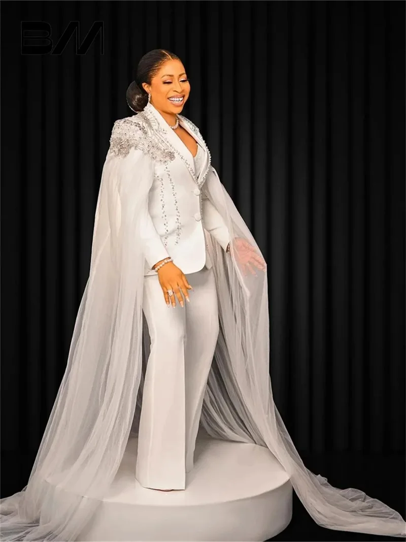 Designer Crystal Women Suit Blazer Set 2 Piece Jacket+Pants Formal Cape Wedding Tuxedo Tailored White Elegant Coat Prom Dress