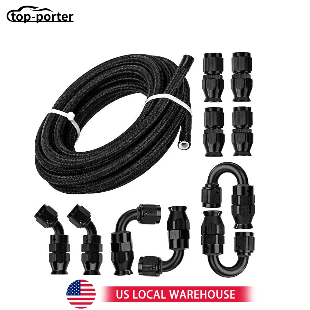 

6AN Нейлоновый PTFE Топливопровод 16 футов 10 фитингов Комплект шлангов E85 Черный