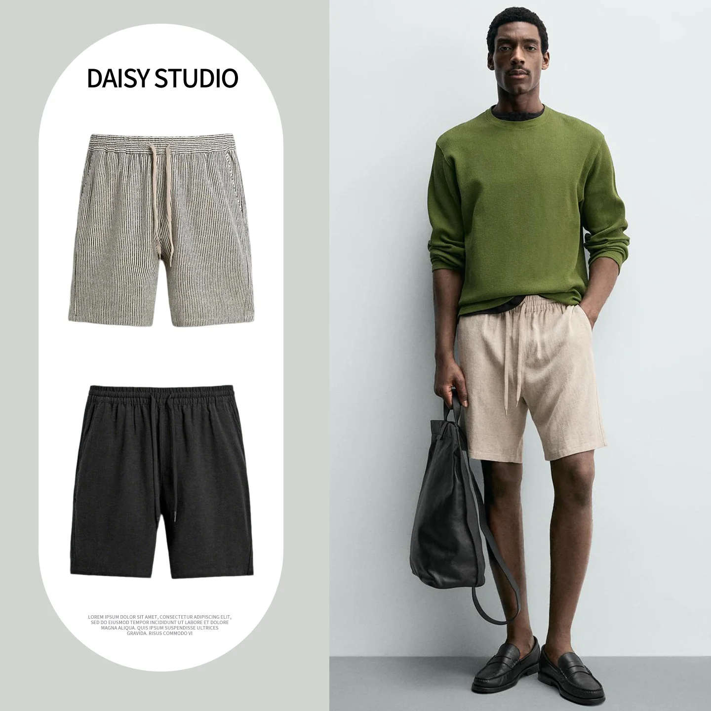 

New Summer Men's Casual Loose Fit Elastic Waist Shorts Commuter Style Polyester Fiber Striped Pattern Male Shorts