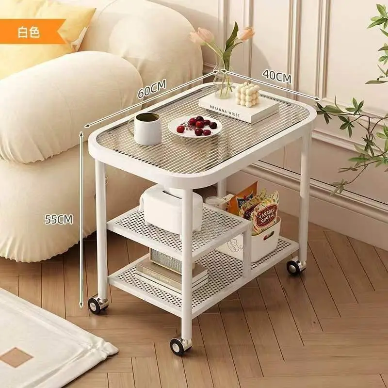 Light luxury mobile coffee table living room cream style storage rack snack car glass bedside corner table iron edge table