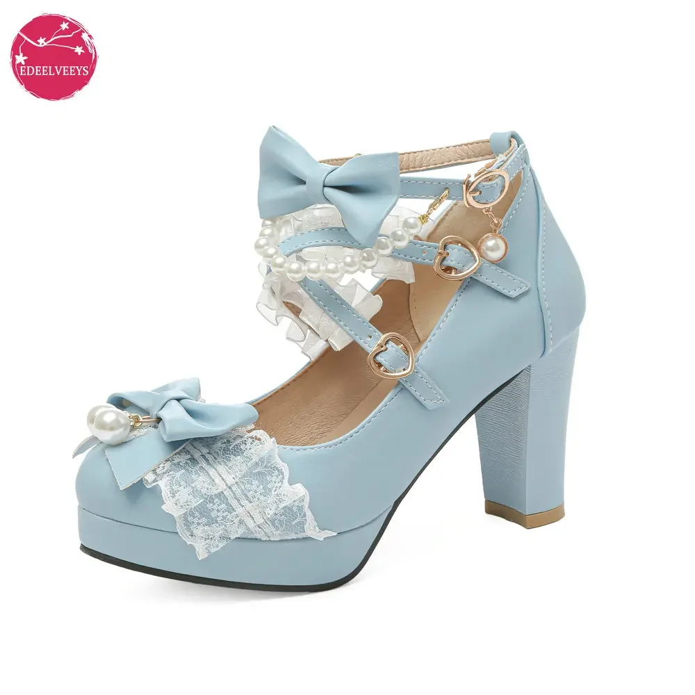 

Lolita Shoes Japanese Jk Strap Super High Heels Sweet Pearl Bow Round Toe Student Kawaii Girl Tea Party Pumps Plus Size 31-48