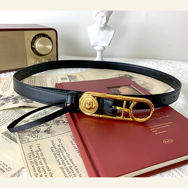 Fashion Dubai Lion Head Leather Waist Chain Belts For Unisex High Quaity Luxury Golden Metal Belt Adjustable Long Waistband