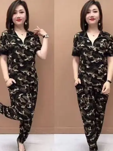 

Летний камуфляжный женский комплект больших размеров ort Sve Брюки с высокой талией V-Ne Корейский свободный костюм из двух предметов