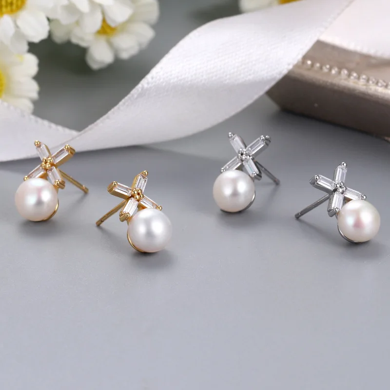 100% Natural Freshwater Pearl Letter x Earrings Simple Design Diamond Xiaoxiangfeng Light Luxury Women's Earrings