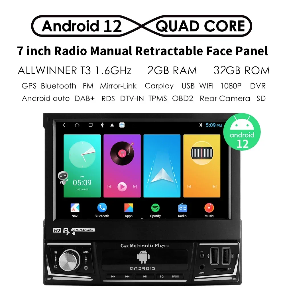 Lettore AutoRadio Android 1 Din per AutoRadio universale schermo pieghevole telescopico manuale 1din Multimedia AutoRadio Carplay GPS