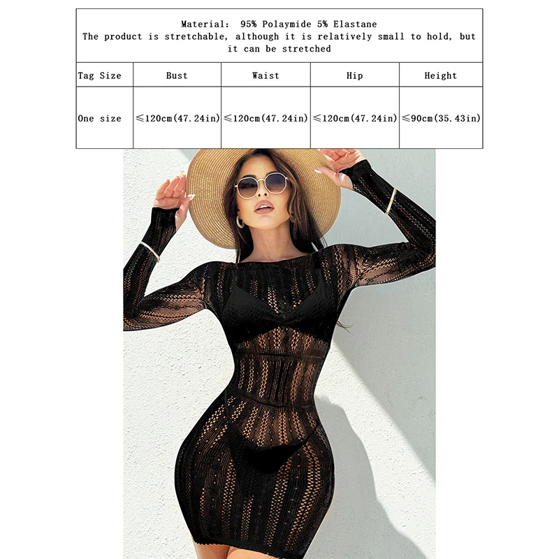 Women Sheer Mesh Long Sleeve Beach Cover Up, Sexy See-Through Fishnet Dress, Solid Bodycon  For Summer Beach Party view 5