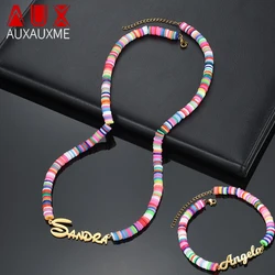 Auxauxme Custom Colorful Chain Name Jewelry Set Stainless Steel for Women Rainbow Necklaces Bracelets Jewelry Gifts