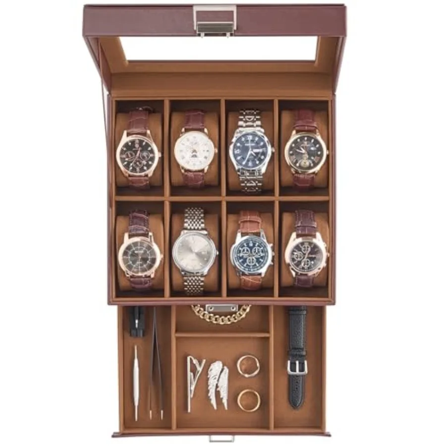 

Watch Case, Fathers Day Gift for Dad, 8 Slot Mens Watch Box Holder Organizer with Glass Lid, 2-Layer Watches Display Case, Mens