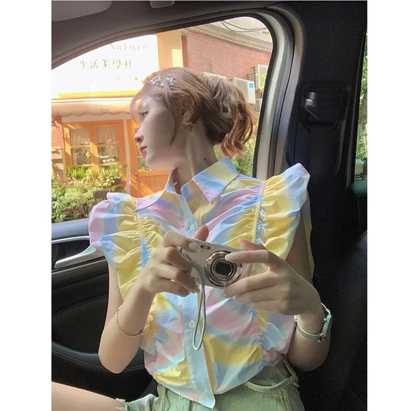 

Красочная женская рубашка, лето 2025 года, милые складные короткие шикарные топы без рукавов, корейская модная универсальная блузка с лацканами, Camisas