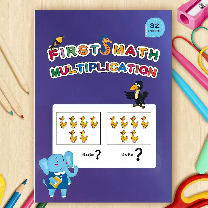 First Math Multiplication Workbook, 32 Pages Cartoon Animal Visual Group Counting Exercises, Elementary Beginner Arithmetic Book
