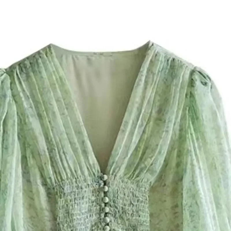 New Chic Green Pullover V-neck Fashionable Spliced Lantern Sleep Chiffon Flower Lace Women\'s Casual Versatile Long Sleeved Dress