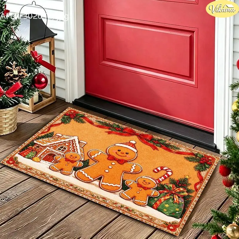 VIKAMA Gingerbread Boy House Candy Stick Crystal Velvet Entry Rug Non Slip Floor Pad for Xmas Warm Cozy Decorative Home Decor